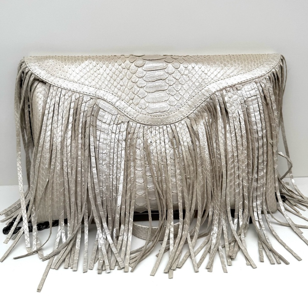 Genuine Snakeskin Fringe Leather Clutch - Pearl White